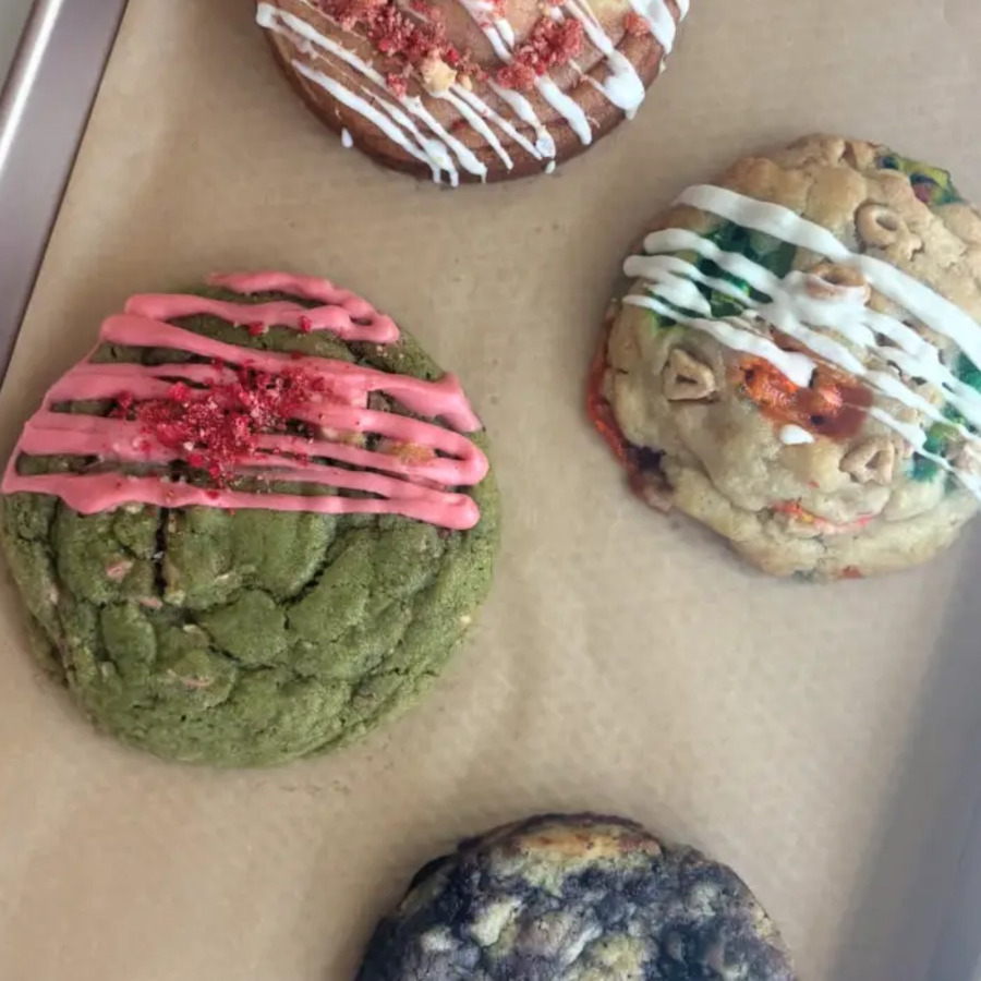 Matcha strawberry and confetti cookies on a tray
